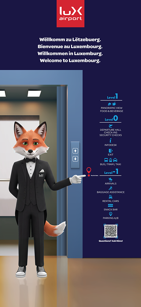 Ask Réno — in-terminal poster by the elevator