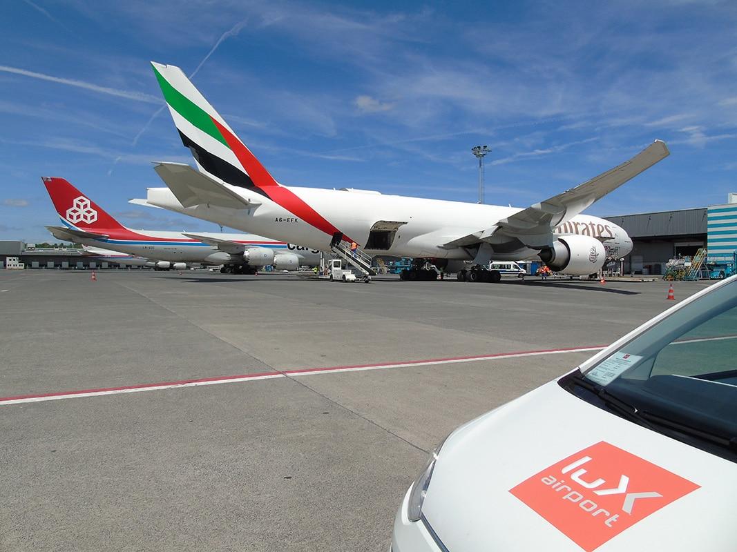Emirates Skycargo Boeing 777F Inline With Cargolux Boeing 747-8F. Picture: Lux-Airport (Rpw)